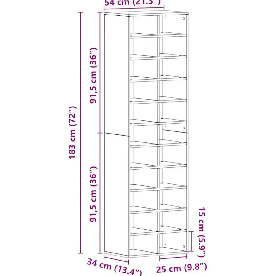 vidaXL - Schoenenkast - Zwart eiken - Bewerkt hout - 22 paar - 54x34x183 cm