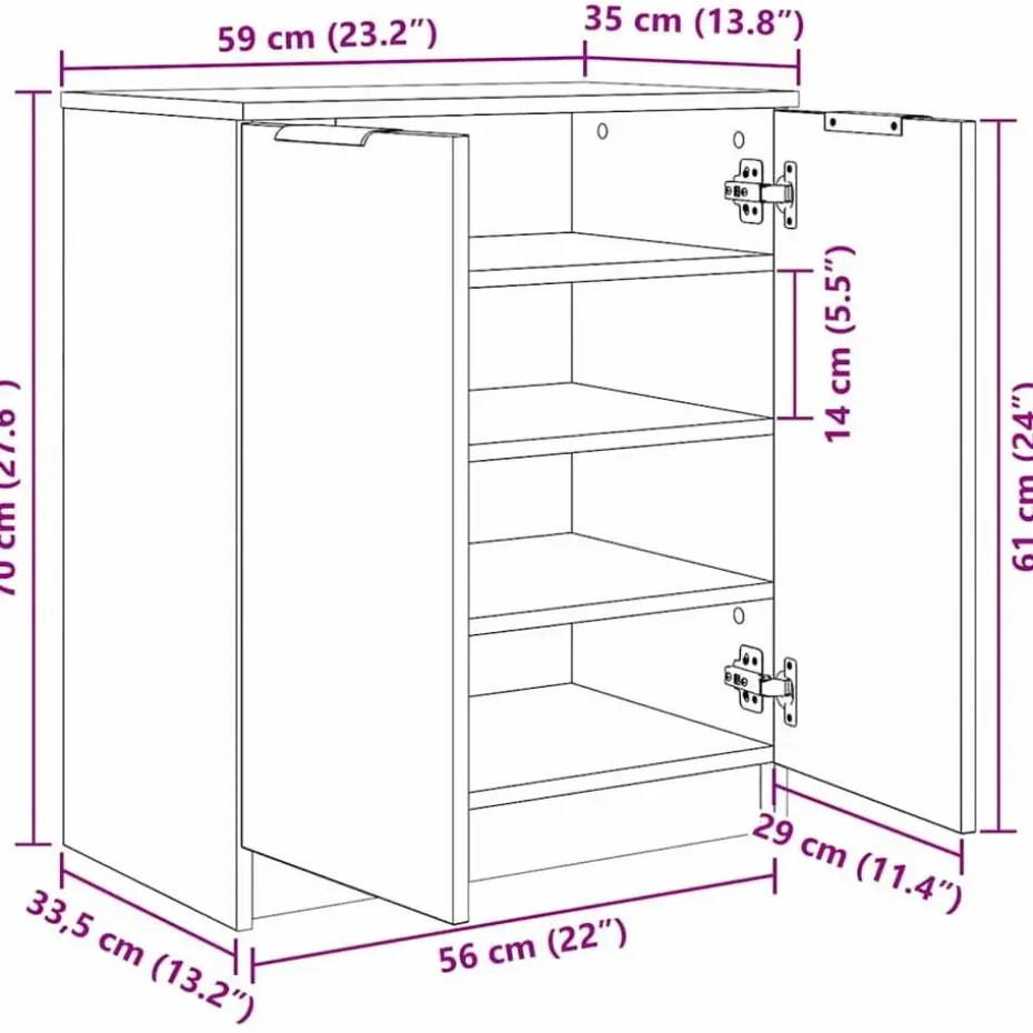 vidaXL - Schoenenkast met 2 deuren - Zwart eiken - Bewerkt hout - 59x35x70 cm