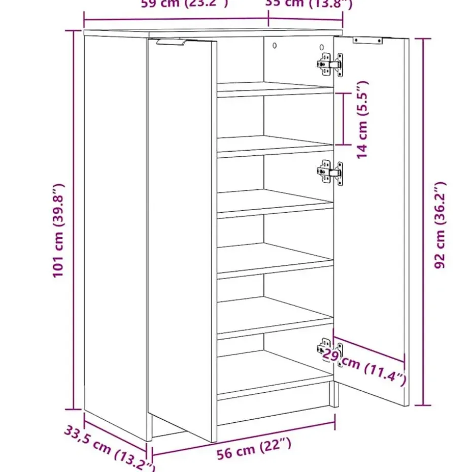 vidaXL - Schoenenkast met 2 deuren - Gerookt eiken - Hout - 59x35x100 cm