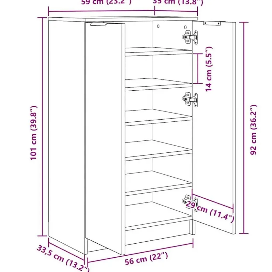vidaXL - Schoenenkast met 2 deuren - Zwart eiken - Bewerkt hout - 59x35x100 cm