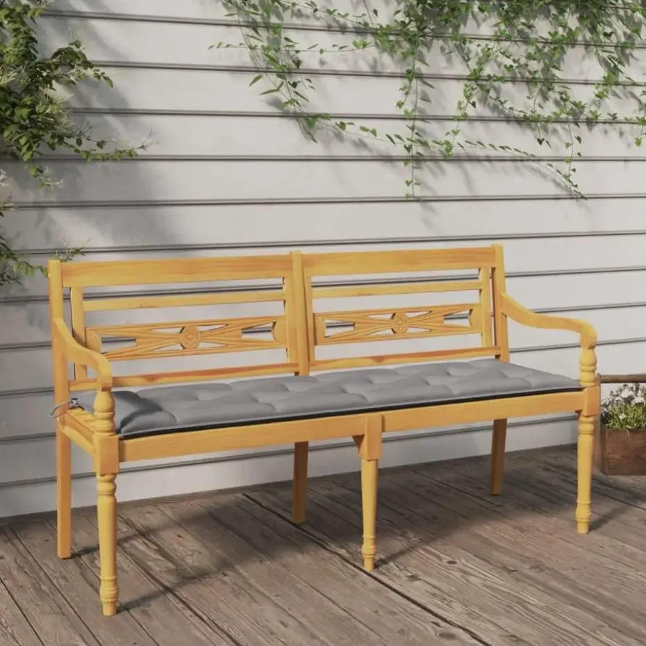vidaXL - Tuinbank Batavia met grijs kussen - Teakhout - 150x51.5x84 cm