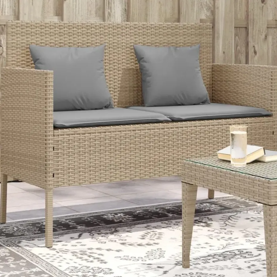 vidaXL - Tuinbank met grijs kussens - Beige poly rattan - 113x61x87 cm
