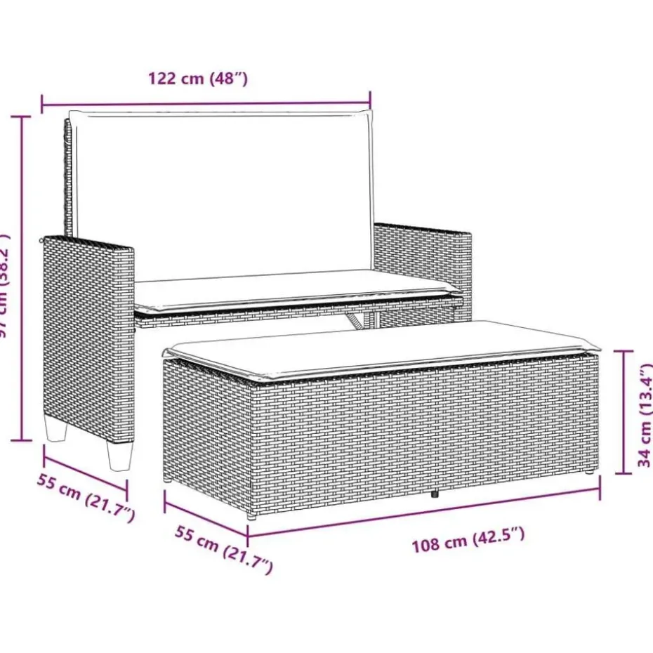 vidaXL - Tuinbank met kussens en voetenbank - Bruin - Poly rattan - 122x55x97 cm