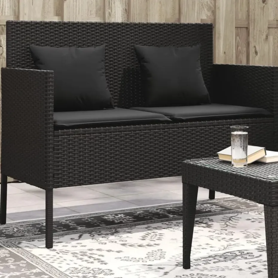 vidaXL - Tuinbank met kussens - Zwart - Poly rattan - 113x61x87 cm