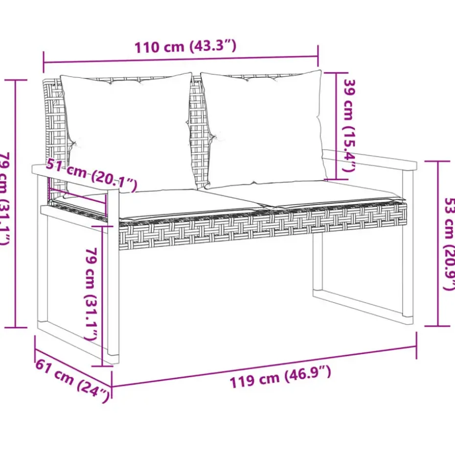 vidaXL - Tuinbank met kussens - Zwart - Poly rattan en acaciahout - 119x61x79 cm