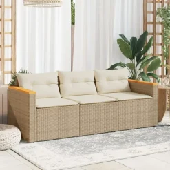 vidaXL - Tuinbank 3-zits - Beige - Poly rattan - Met kussens