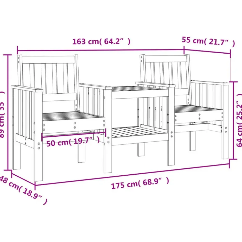 vidaXL - Tuinbank 2-zits - Bruin - Grenenhout - Met tafel