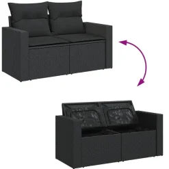 vidaXL - Tuinbank 2-zits - Zwart - Poly rattan - Met kussens