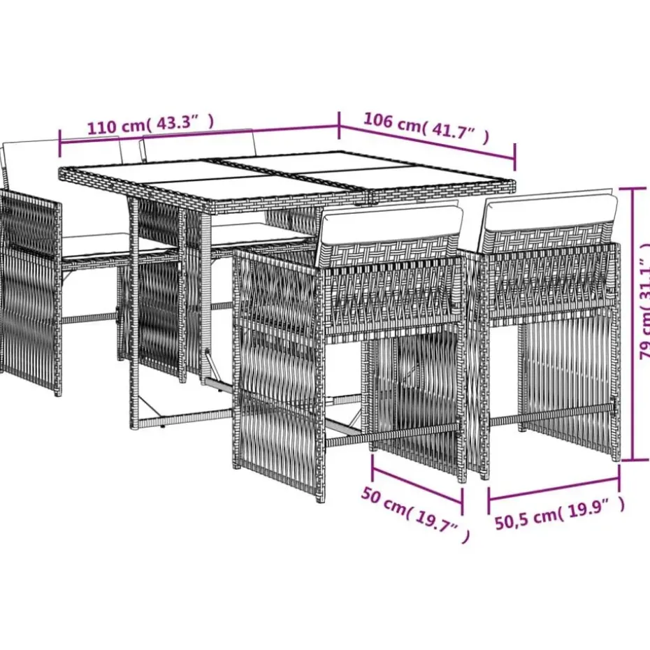 vidaXL - Tuinset zwart kussens - Zwart - PE rattan - 110x106 cm - 5 stuks