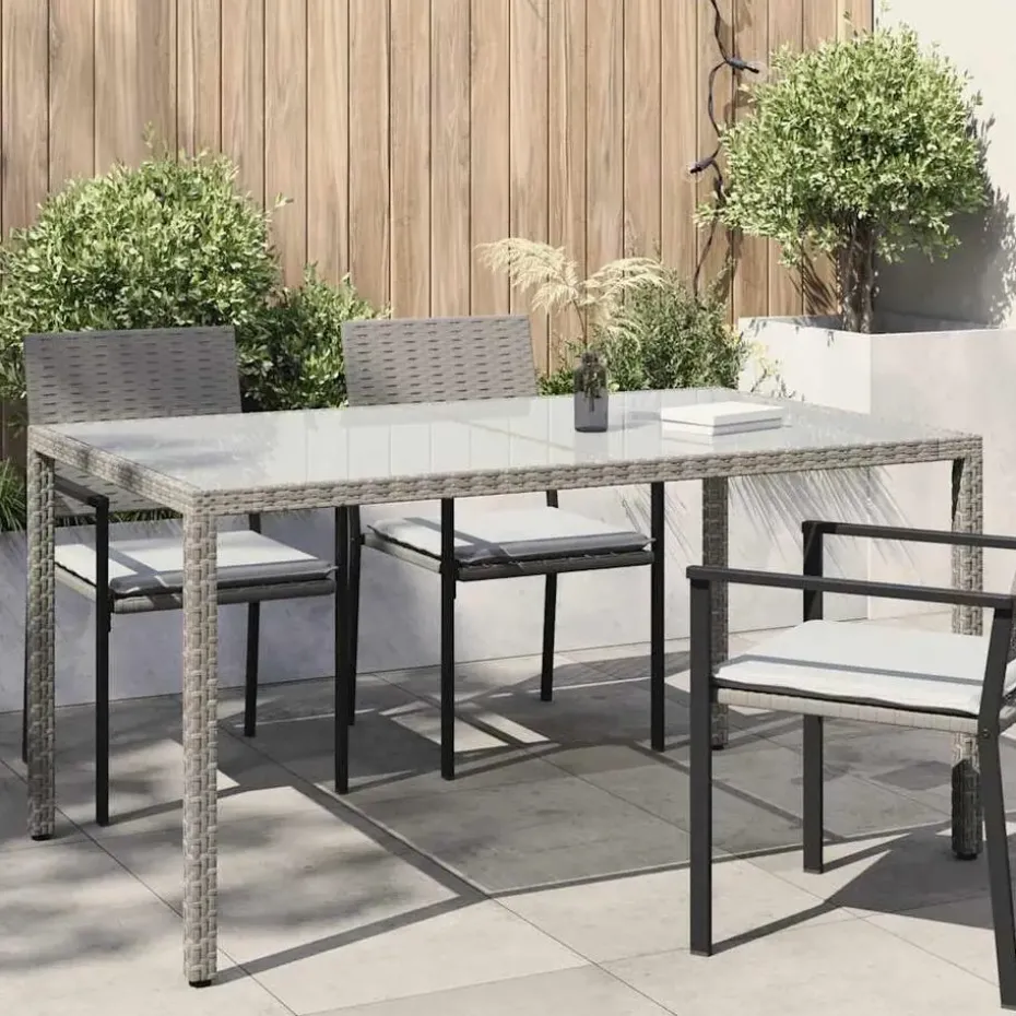 vidaXL - Tuintafel - Grijs - Gehard glas en poly rattan - 150 x 90 x 75 cm