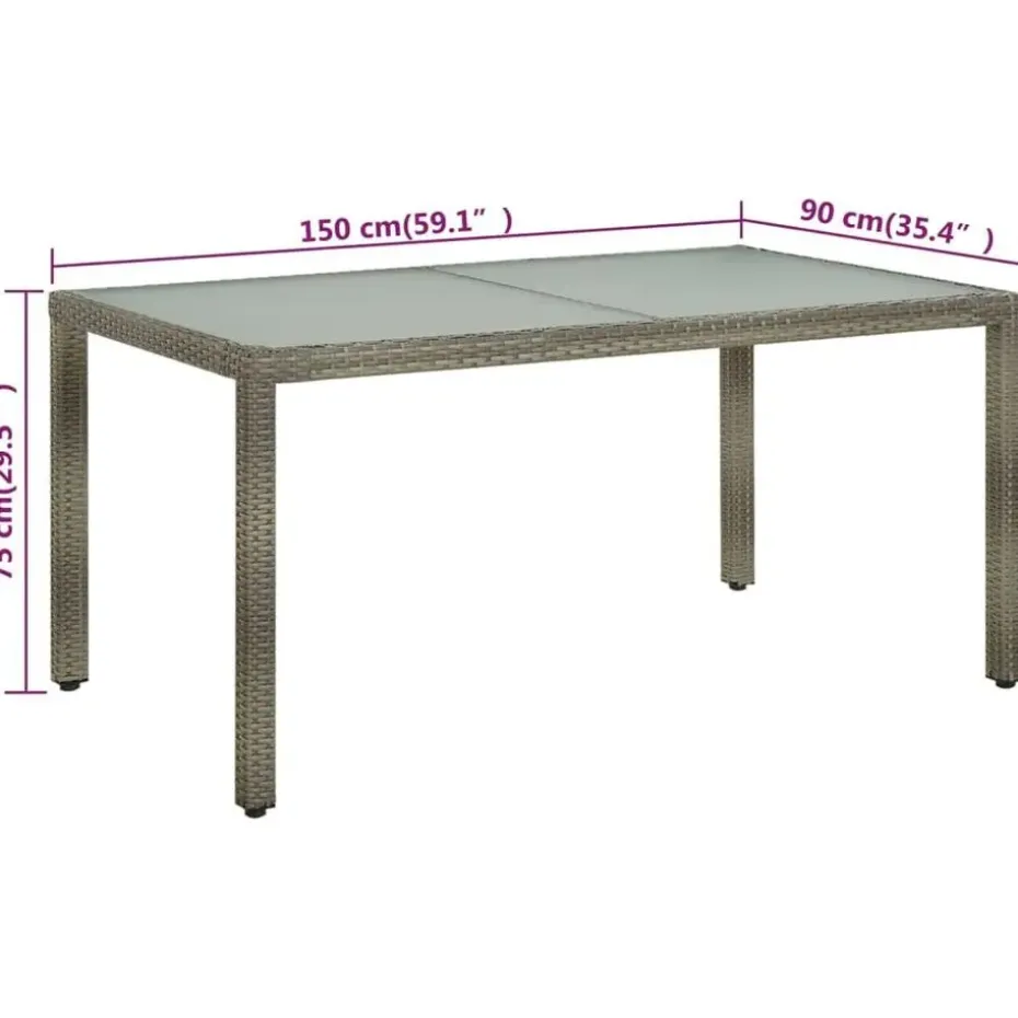 vidaXL - Tuintafel - Grijs - Gehard glas en poly rattan - 150 x 90 x 75 cm