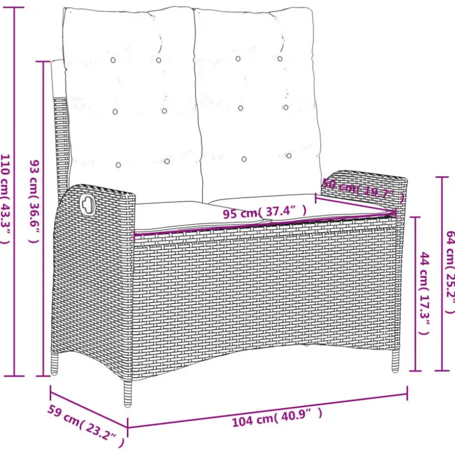 vidaXL - Verstelbare loungebank met grijs kussens - Beige rattan - 104x59x93 cm