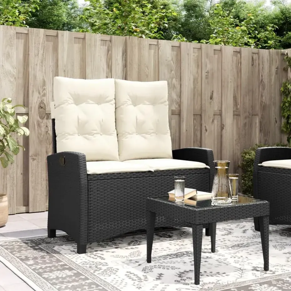 vidaXL - Verstelbare loungebank met crème kussens - Zwart rattan - 105x66x93 cm