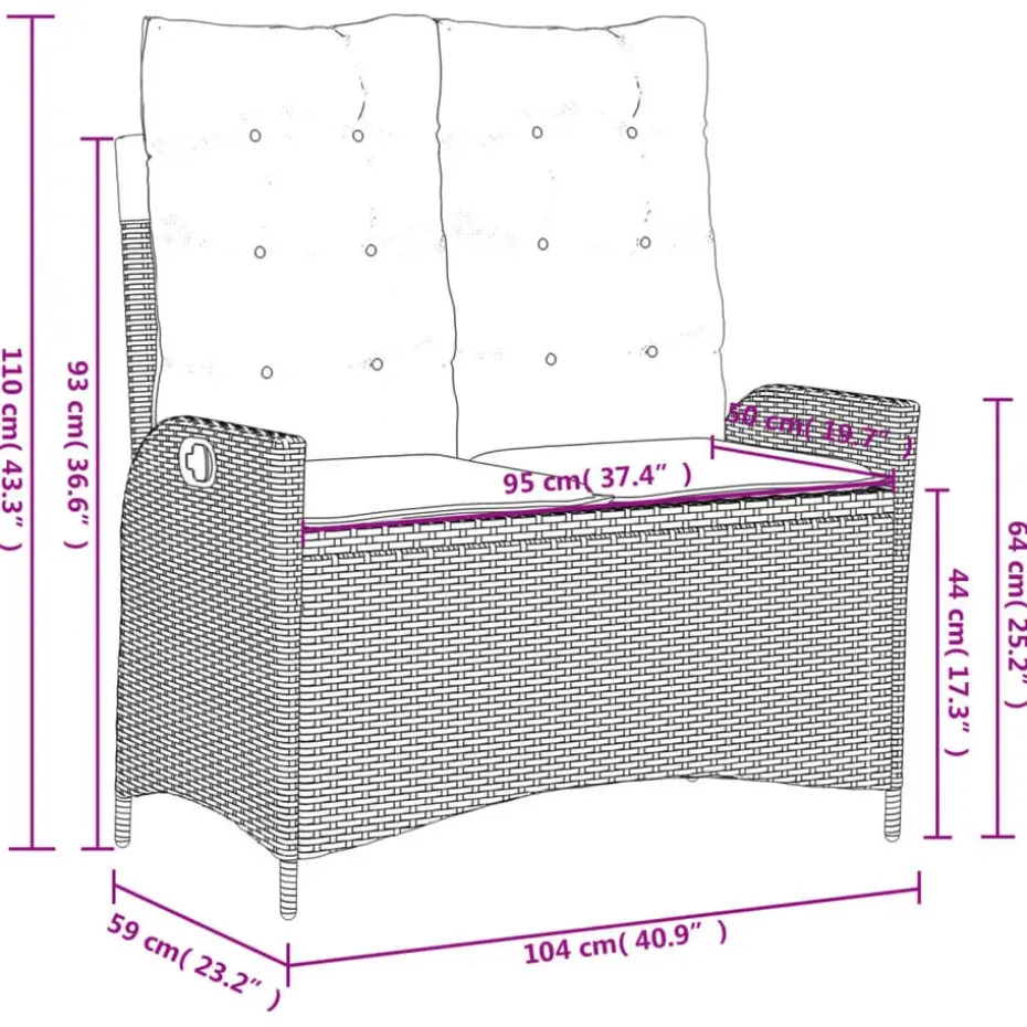 vidaXL - Verstelbare loungebank met crème kussens - Beige rattan - 104x59x93 cm
