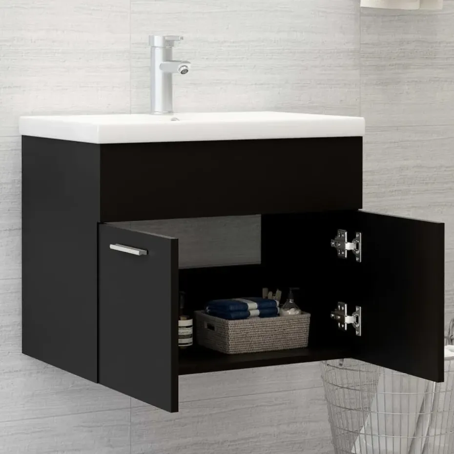 vidaXL - Wastafelkast En Wastafel - Zwart - Bewerkt hout - 60 x 38.5 x 46 cm