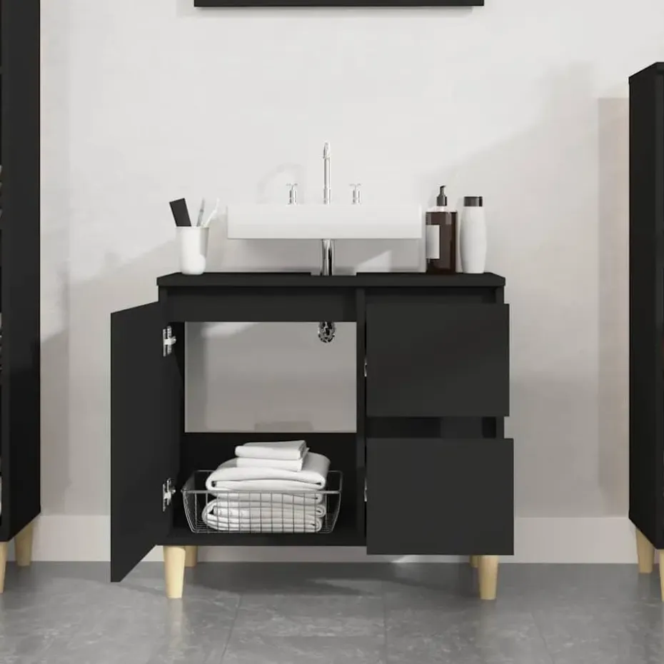 vidaXL - Wastafelonderkast met 1 deur 2 lades - Zwart - Hout - 65x33x60 cm