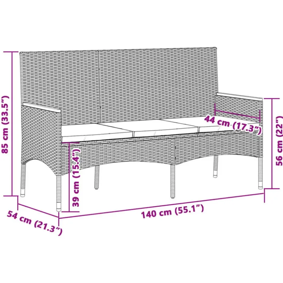 vidaXL - 3-zits Tuinbank met kussens - Grijs poly rattan - 140x54x85 cm