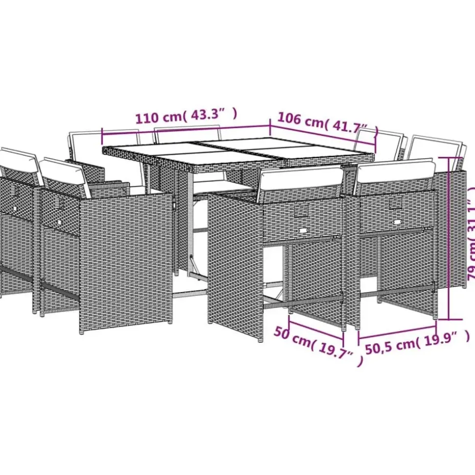 vidaXL - 8-zits Tuinset donkergrijs kussens - Grijs - PE rattan - 110x106 cm