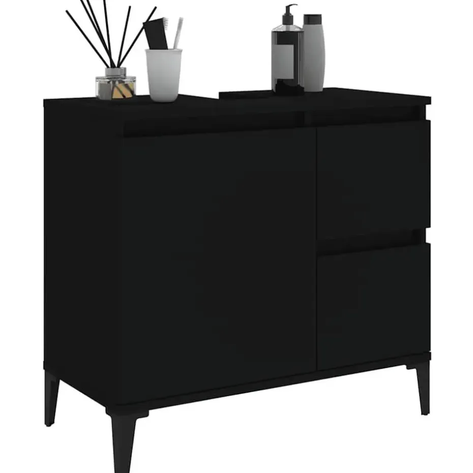 vidaXL - Zwart Wastafelonderkast - 1 deur 2 lades - Hout en metaal - 65x33x60 cm