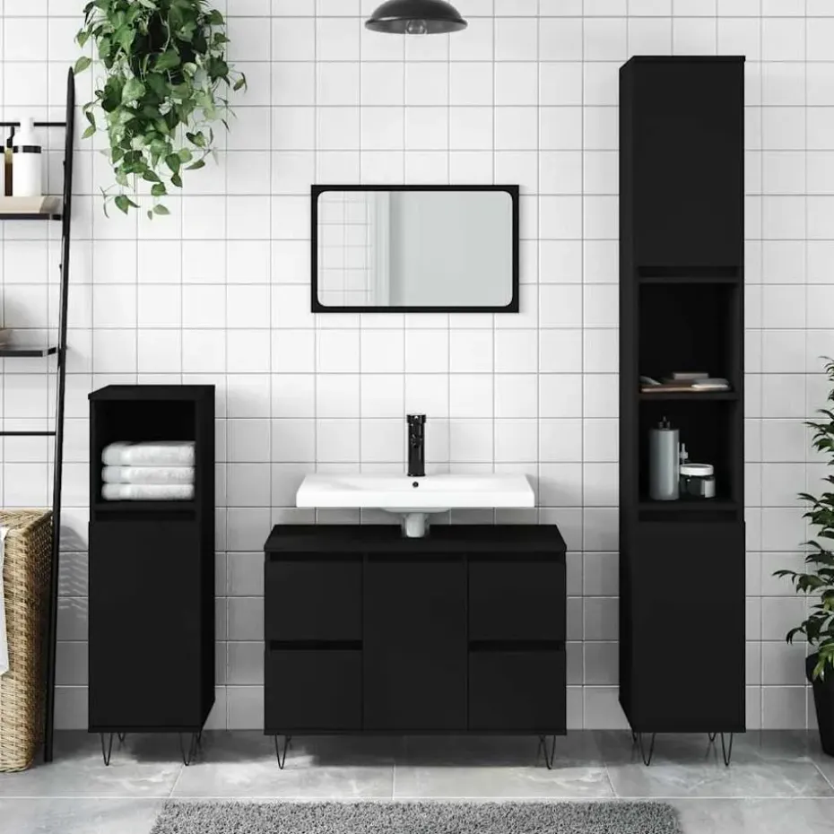 vidaXL - Zwart Wastafelonderkast - 1 deur 4 lades - Bewerkt hout - 80x33x60 cm