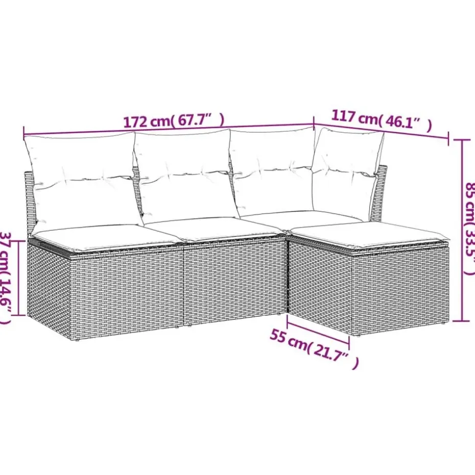 vidaXL 4-delige Loungeset met kussens - Zwart en crème - Poly rattan