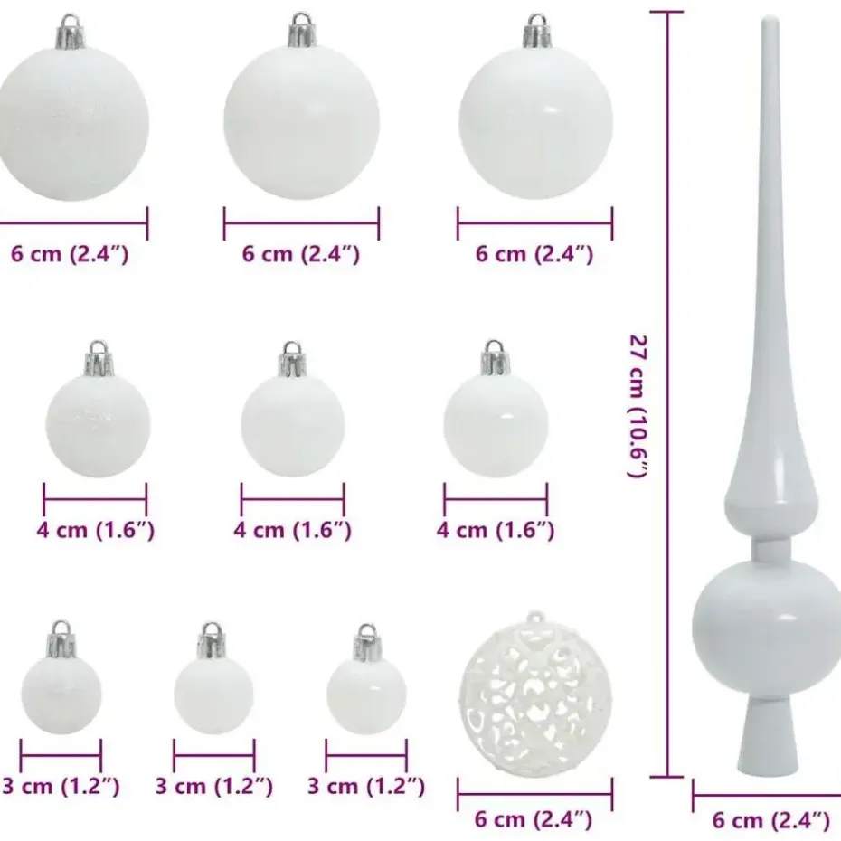 vidaXL Kerstballen set met 150 LED - 61x - Ø3/4/6 cm - Wit - Kunststof - Mix