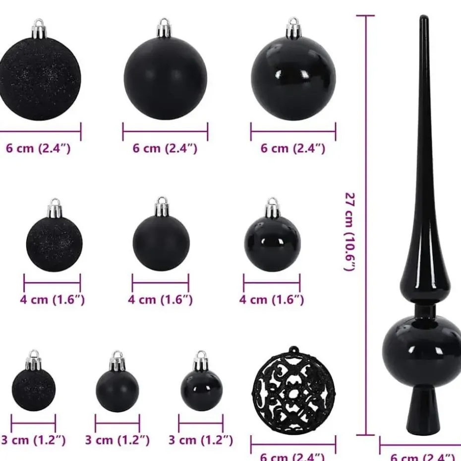 vidaXL Kerstballen set met 150 LED - 61x - Ø3/4/6 cm - Zwart - Kunststof - Mix