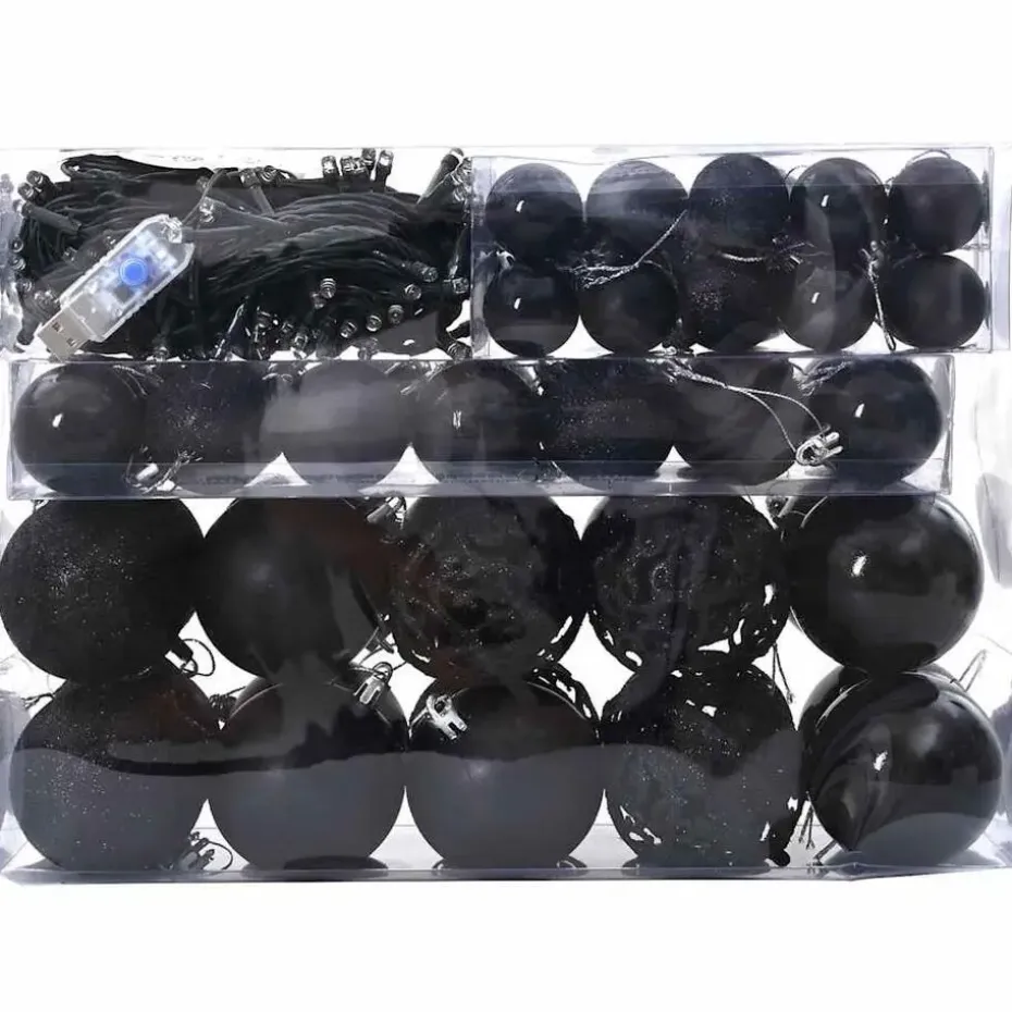 vidaXL Kerstballen set met 150 LED - 61x - Ø3/4/6 cm - Zwart - Kunststof - Mix