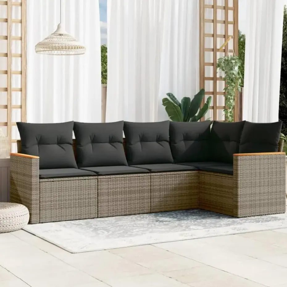 vidaXL Loungbank voor 5 met kussens en armsteun - Grijs - Poly rattan