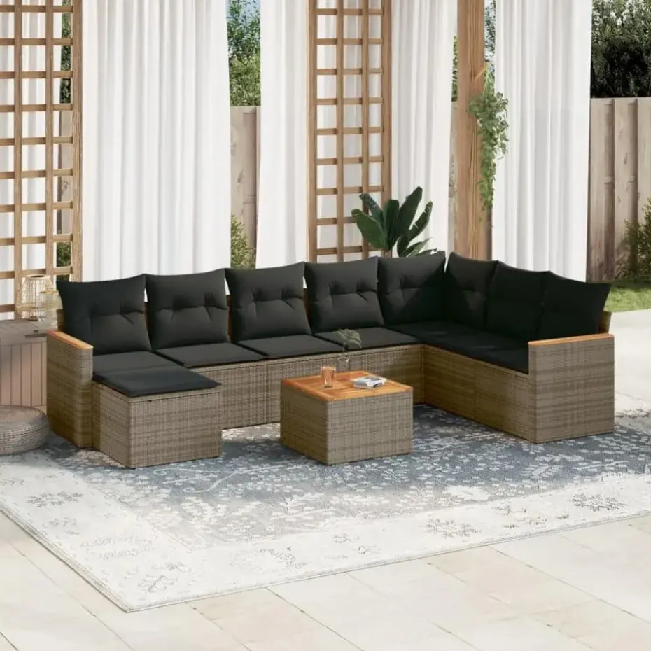 vidaXL Loungeset met 8 kussens en hout armsteun & salontafel - Grijs - 9 stuks