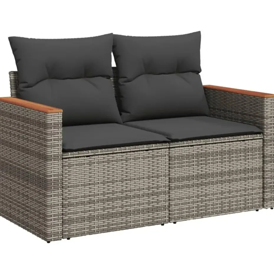 vidaXL Loungeset met 8 kussens en hout armsteun & salontafel - Grijs - 9 stuks