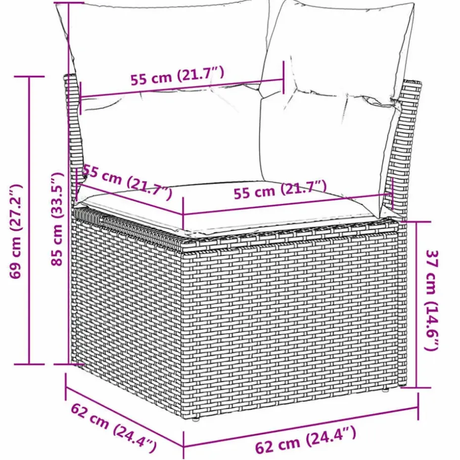 vidaXL Loungeset met 7 kussens en tuintafel - Grijs - Poly Rattan - 5 stuks