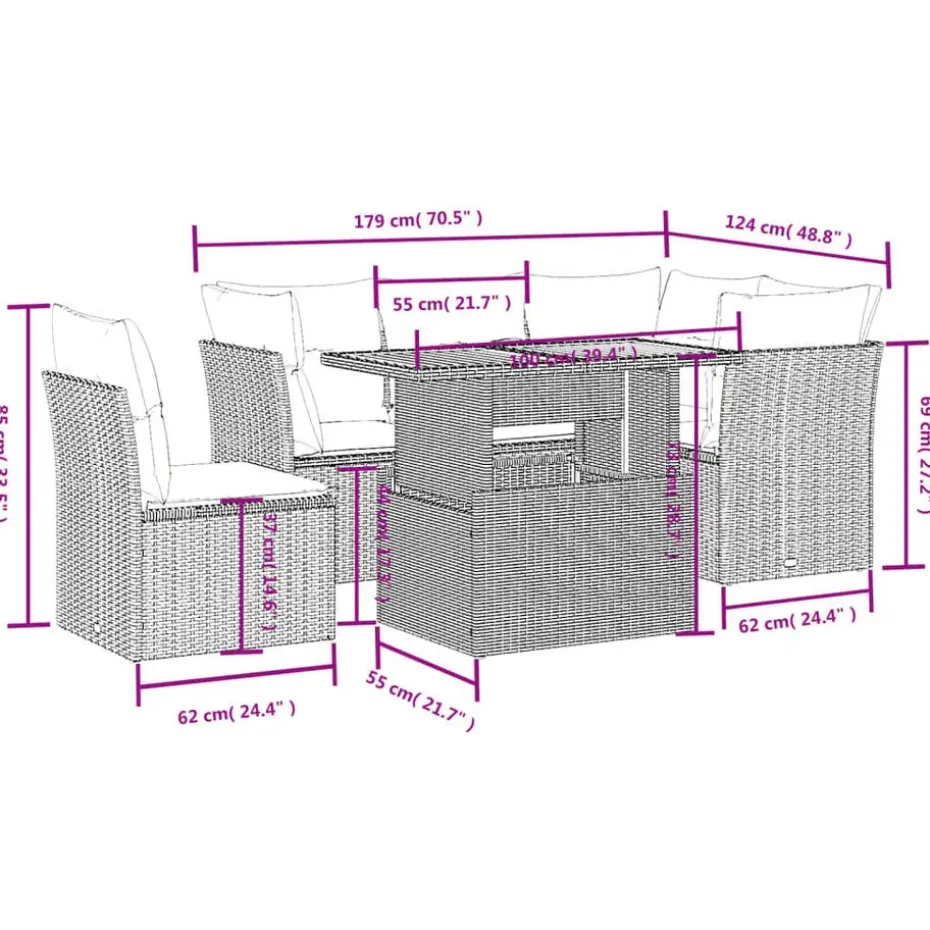 vidaXL Loungeset met kussens & verstelbaar hout tuintafel - Donkergrijs 5 stuks