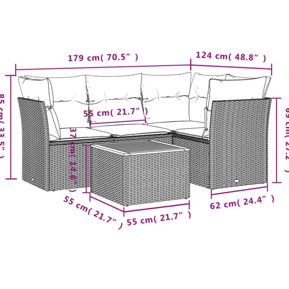 vidaXL Loungeset met kussens & hout salontafel - Grijs - Poly rattan - 5 stuks