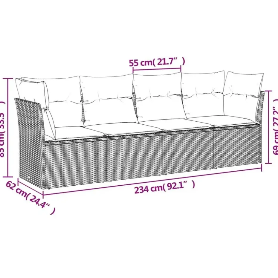 vidaXL Loungeset met kussens - set van 4 - Grijs - Poly Rattan - 234x62x69 cm