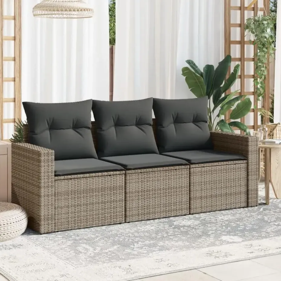 vidaXL Loungeset met kussens voor 3 personen - Grijs - Poly Rattan