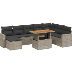 vidaXL Loungeset voor 8 met kussens en verstelbaar hout salontafel - 9 stuks