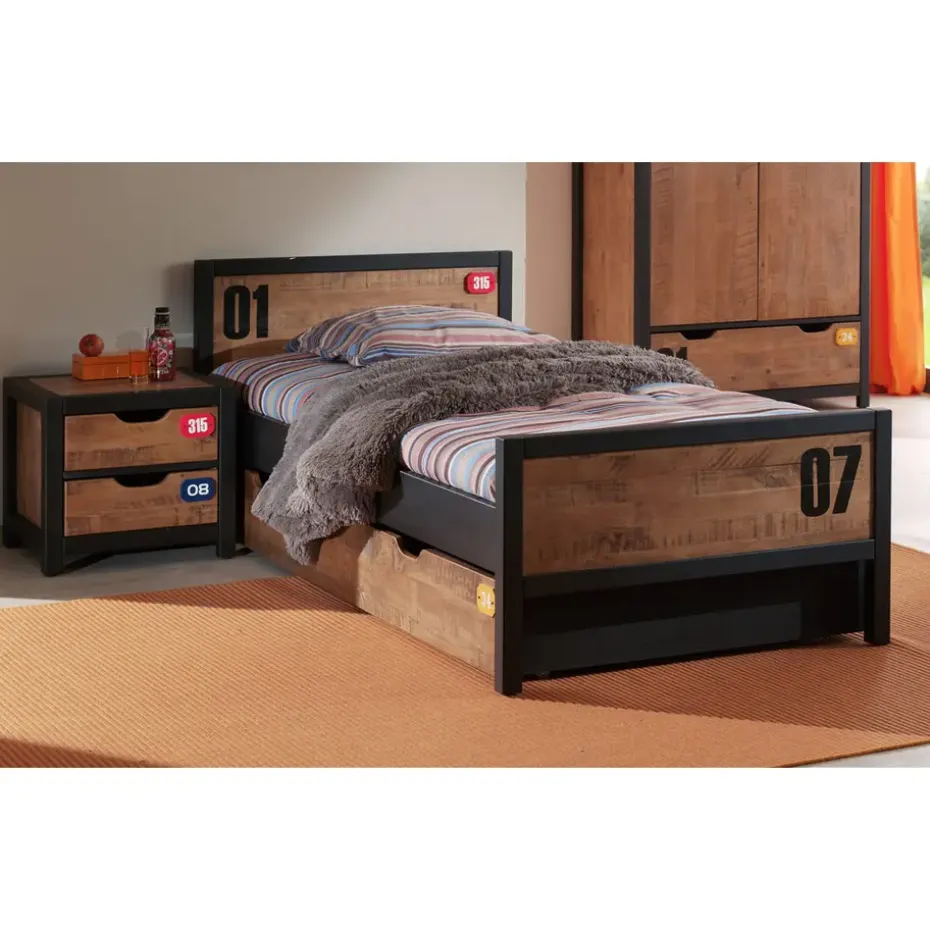 Vipack bed Alex met rolbed/opberglade en nachtkastje - bruin/zwart - 90x200 cm