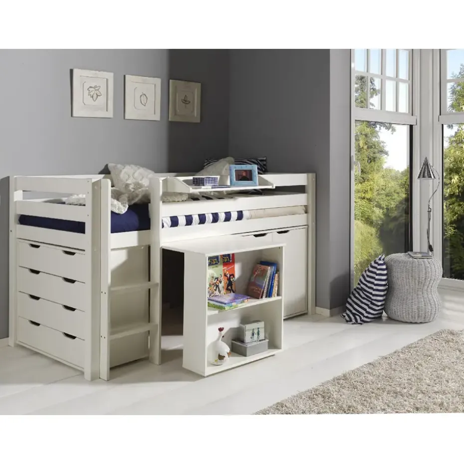 Vipack halfhoogslaper Pino met bureau - incl. lades/kast - wit - 114x105x209,3 cm