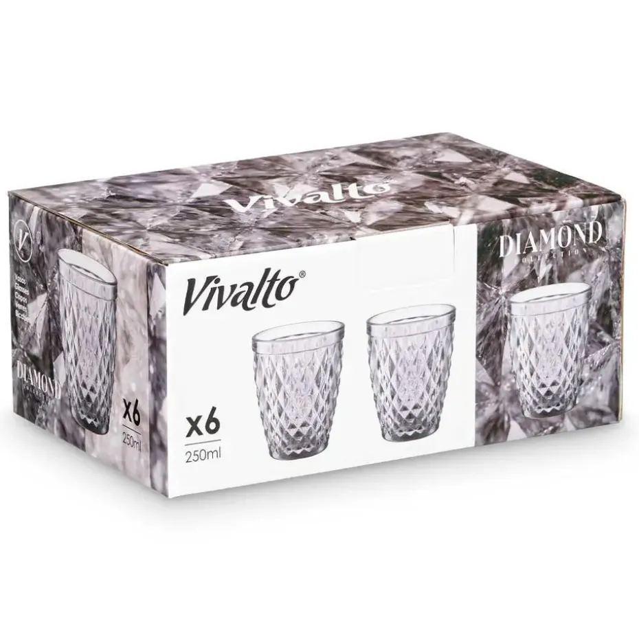 Vivalto Drinkglazen Diamonds - grijs glas - 6x - 250 ml