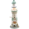 Vuurtoren beeldje - Hout - 10 x 30 cm - wit/mintgroen