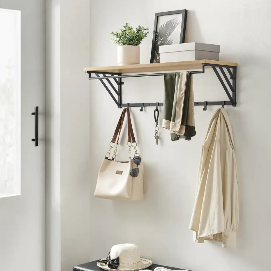 Wandkapstok - industriële look - 7 haken - 90x26x30 cm - lichte eik