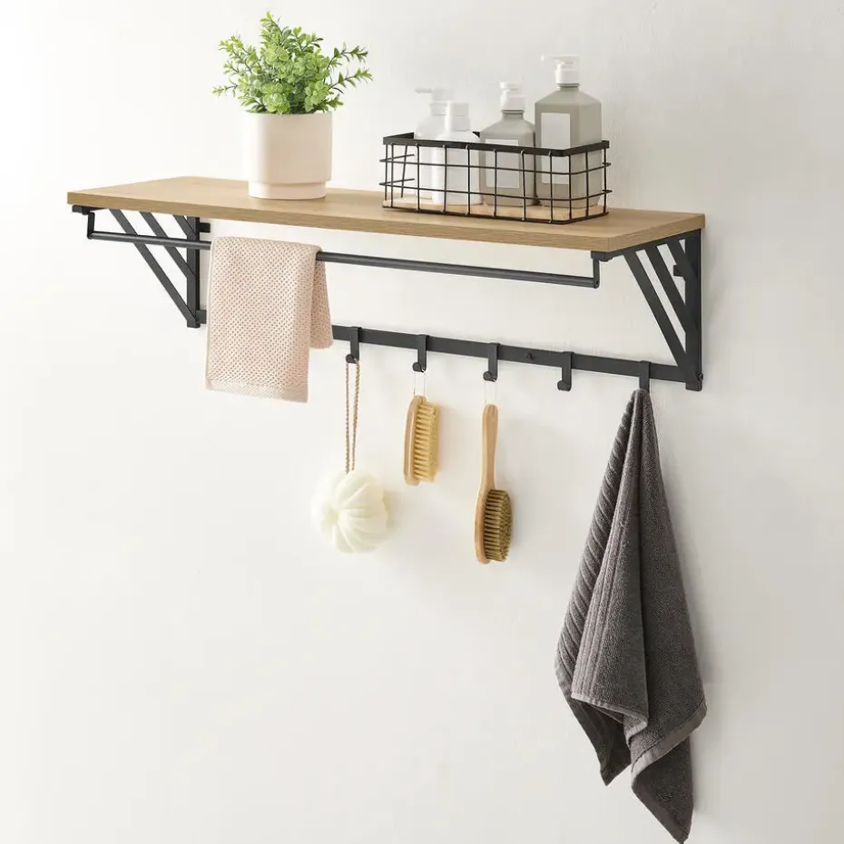 Wandkapstok - industriële look - 7 haken - 90x26x30 cm - lichte eik