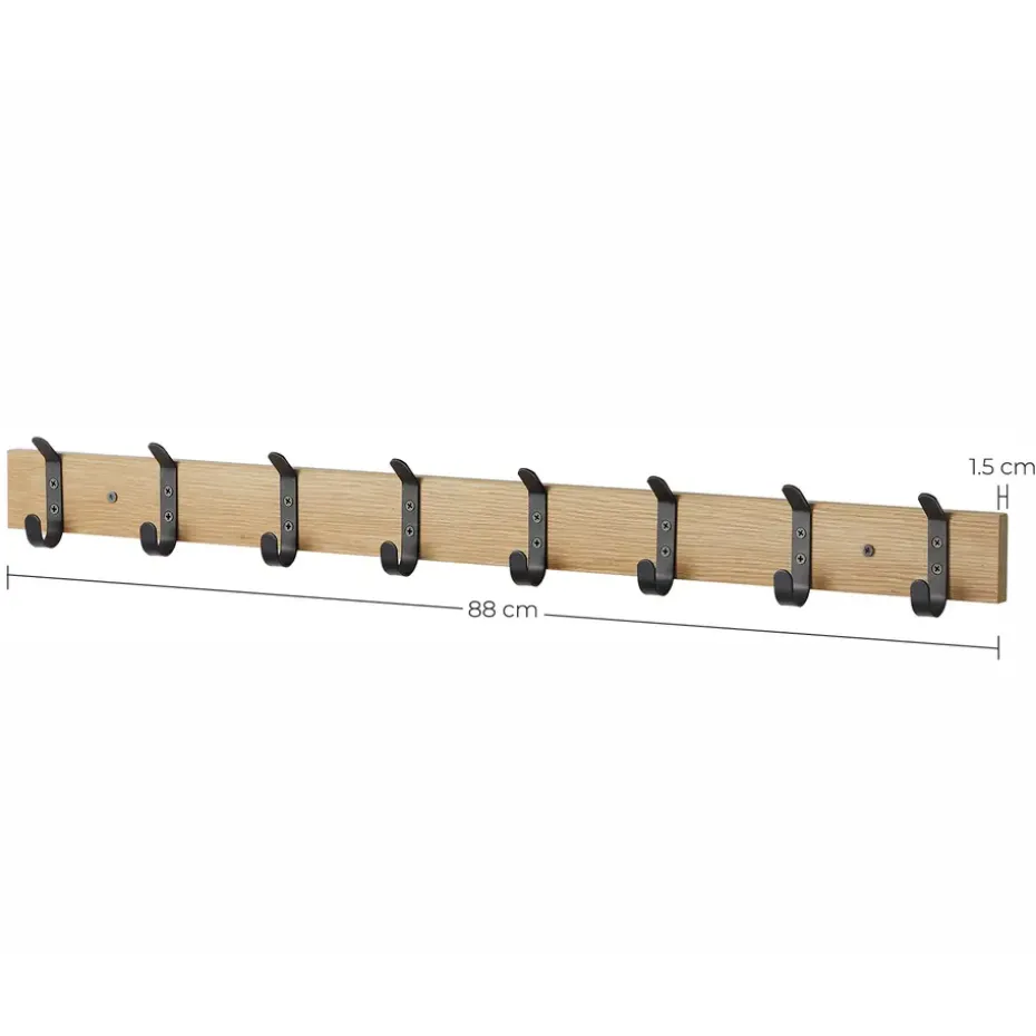 Wandkapstok - Kapstok met 8 Zwarte Haken - 88 cm - Lichte Eik