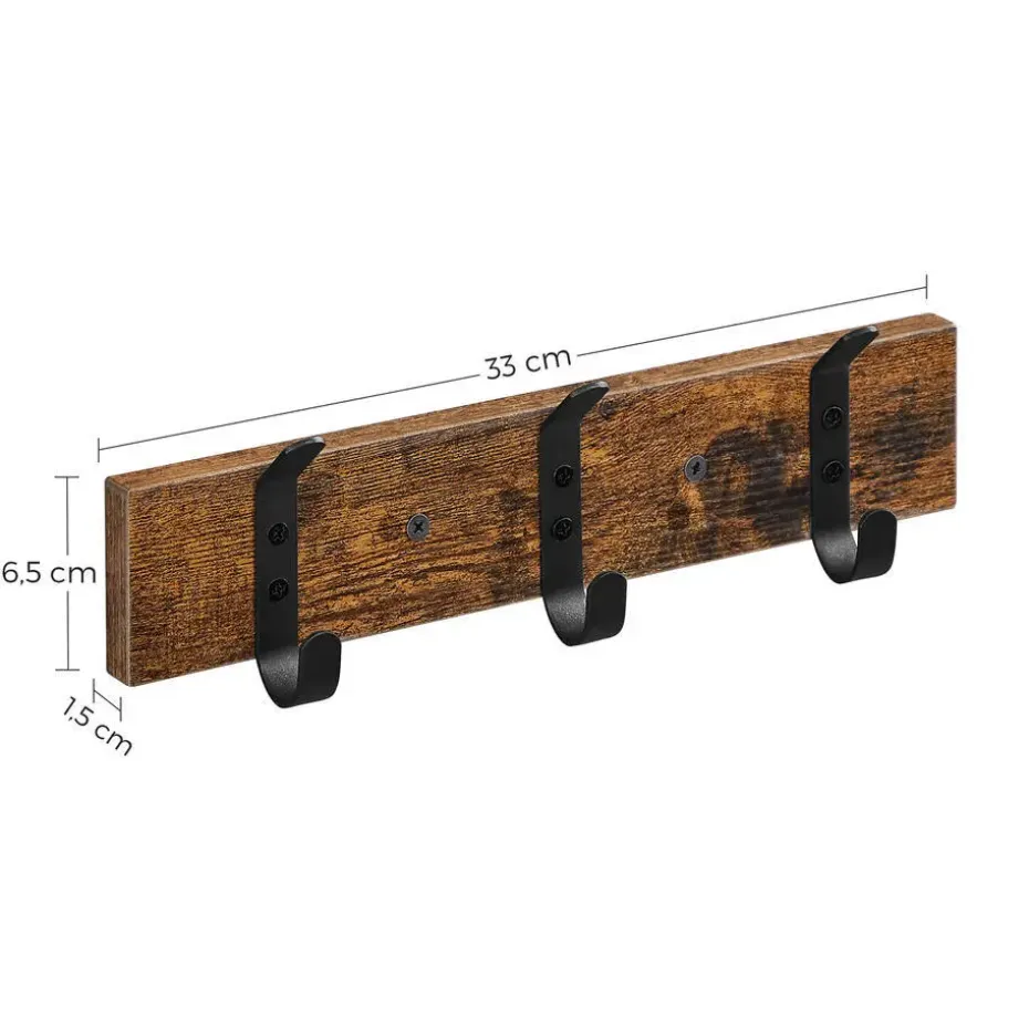 Wandkapstok met 6 Haken - compacte houten Muurkapstok - Vintage Bruin en Zwart