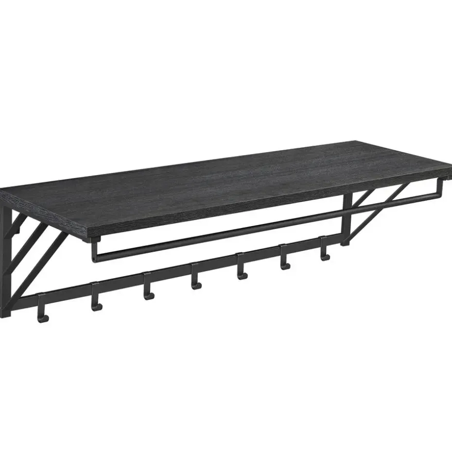 Wandkapstok met Plank en 7 Haken, Metaal en Hout, Zwart