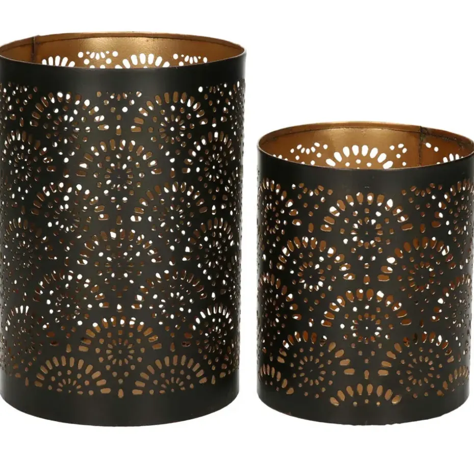 Windlicht - motief - 2x - zwart/goud - 10/15 cm - theelichthouder