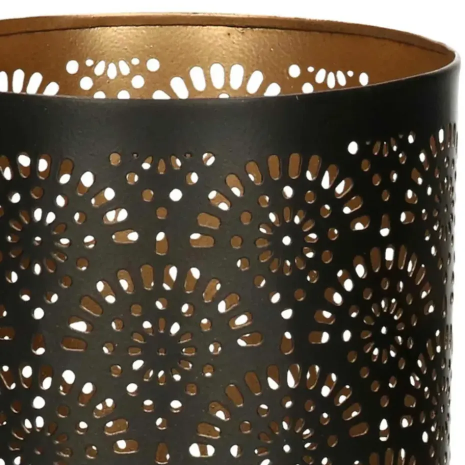 Windlicht - motief - 2x - zwart/goud - 10/15 cm - theelichthouder
