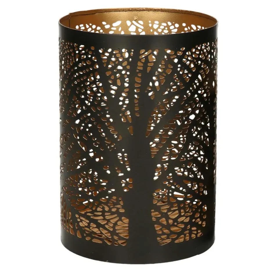 Windlicht set - 2x - zwart/goud - 10/15 cm - waxinelichthouder