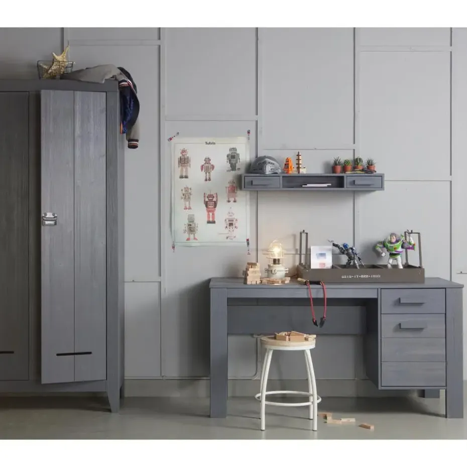 WOOOD Dennis Bureau - Grenen Geborsteld - Staal Grijs - 74x141x59